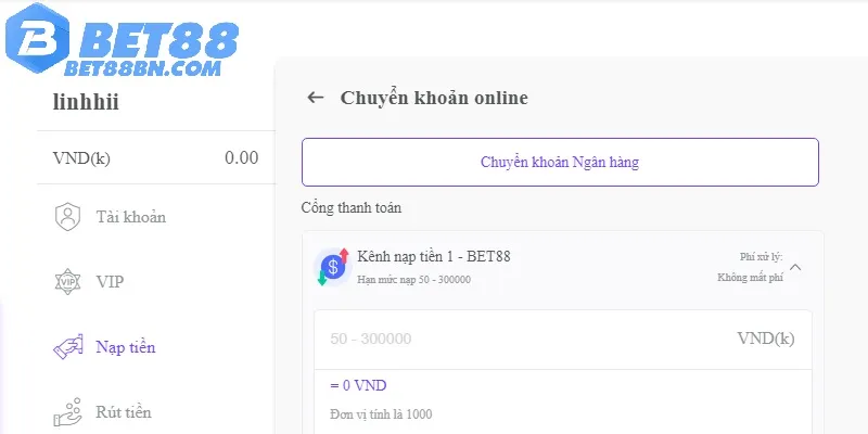 Nạp tiền Bet88 nhanh chóng bằng chuyển khoản ngân hàng